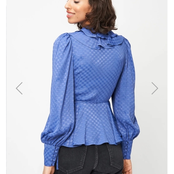 Checkered Blue Ruffled Wrap Blouse - Picture 4 of 5